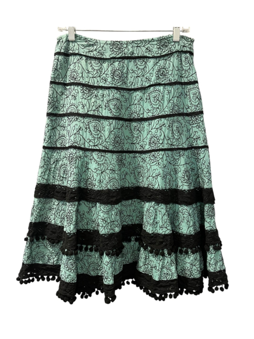 Double D Ranch Boho Mint Green Tiered Maxi Skirt Size Med Embroidered Pom Pom